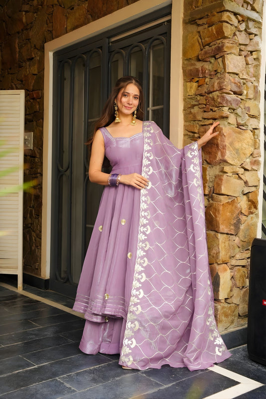 Premium Lavender Soft Chiffon Complete Handmade Gottapatti Work Anarkali Suit