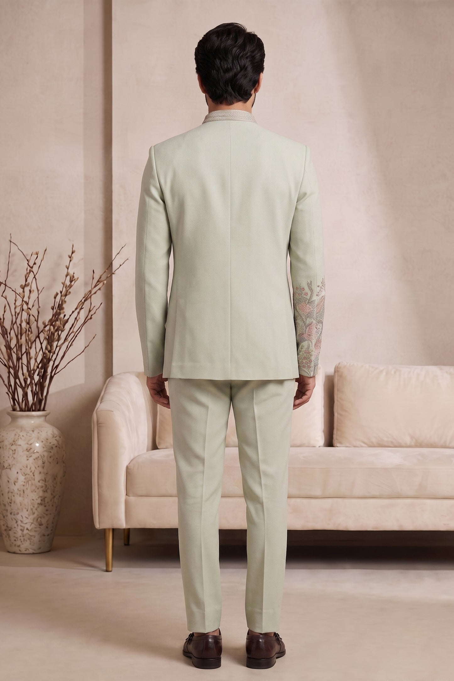 Handsome Pista Green Wedding Jodhpuri Suit for Men with Floral Embroidery Work