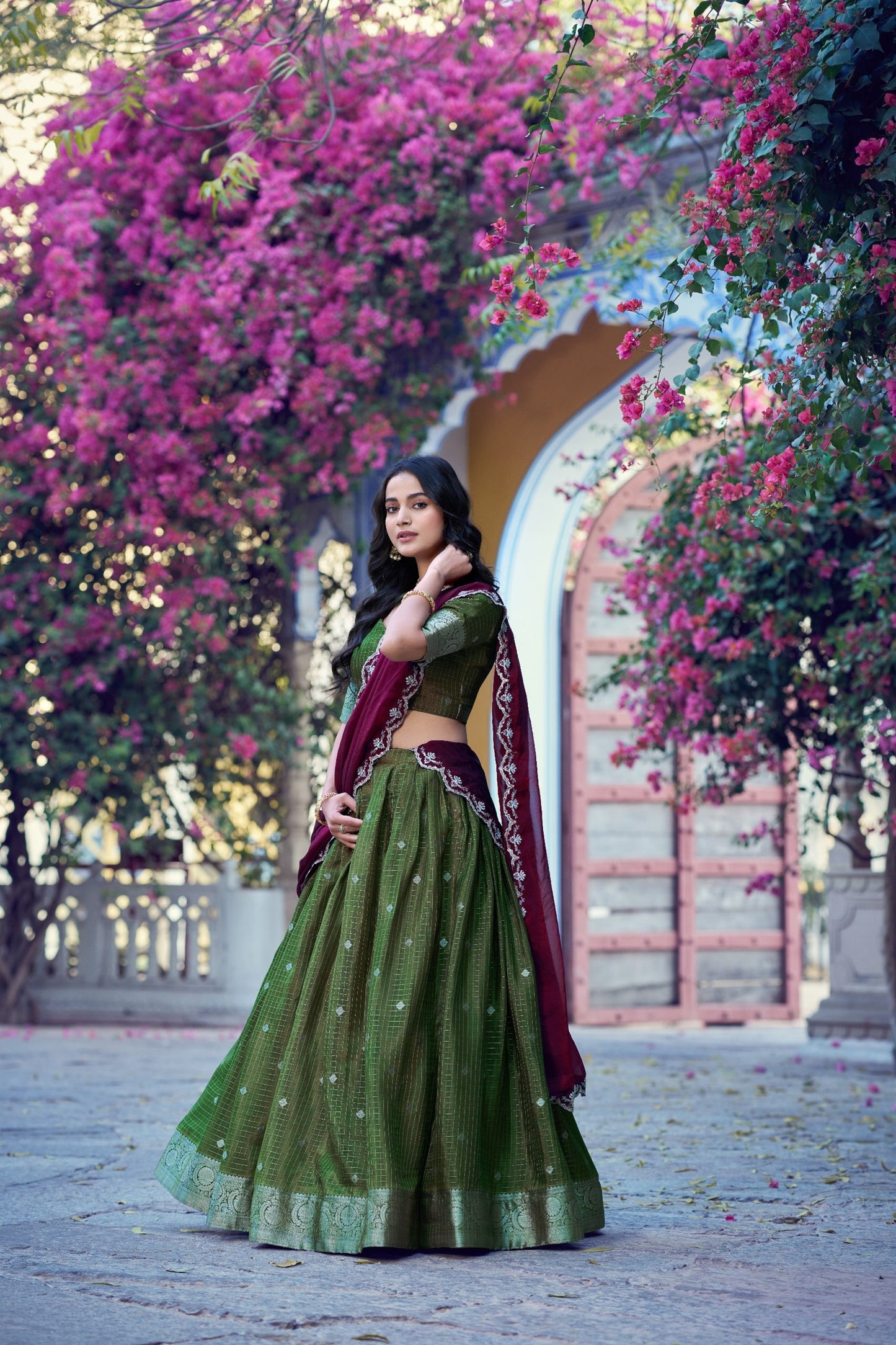 Stylish Olive Green Chinon Designer Lehenga Choli with Zari Weaving Work for Women