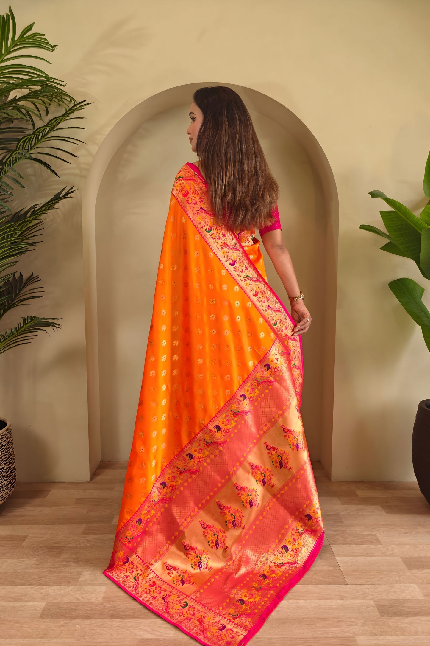 Vibrant Orange Paithani Silk Saree with Zari Weaving Work for Women
