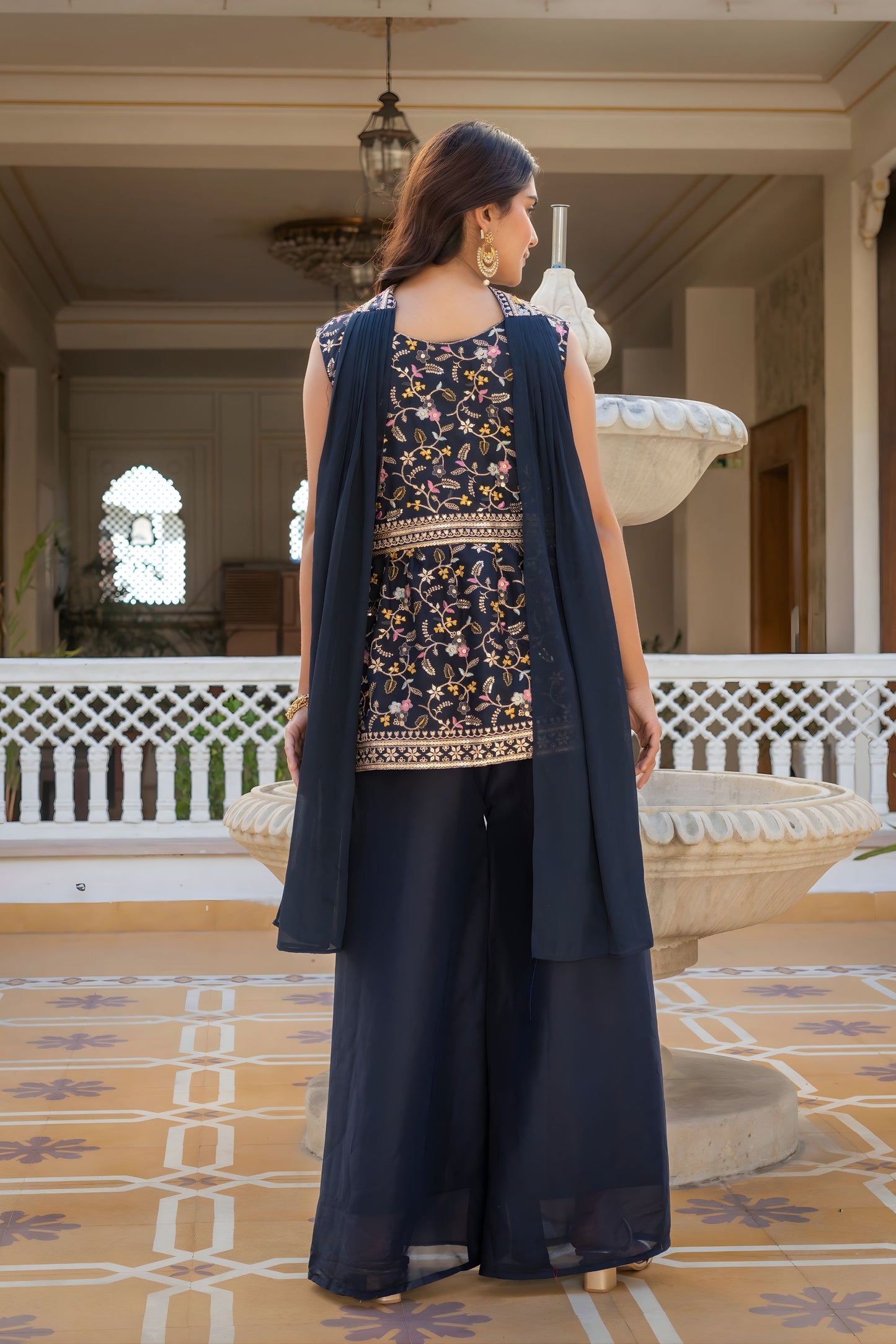 Elegant Navy Blue Premium Star Georgette Palazzo Suit Embroidery Work