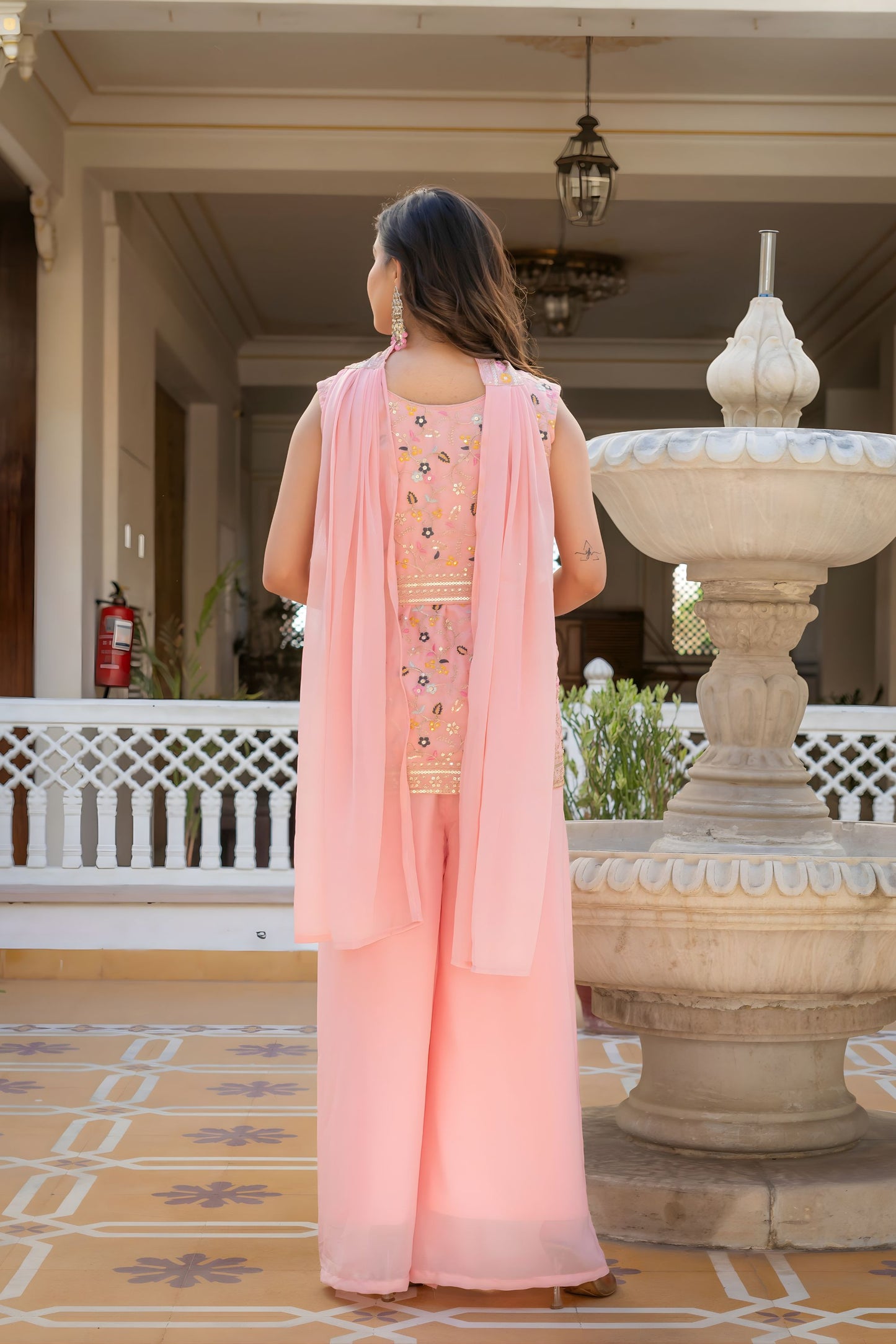 Beautiful Baby Pink Premium Star Georgette Palazzo Suit Embroidery Work