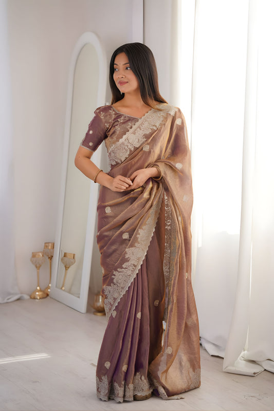 Elegant Brown Fendy Crush Silk Saree Heavy Embroidery Work