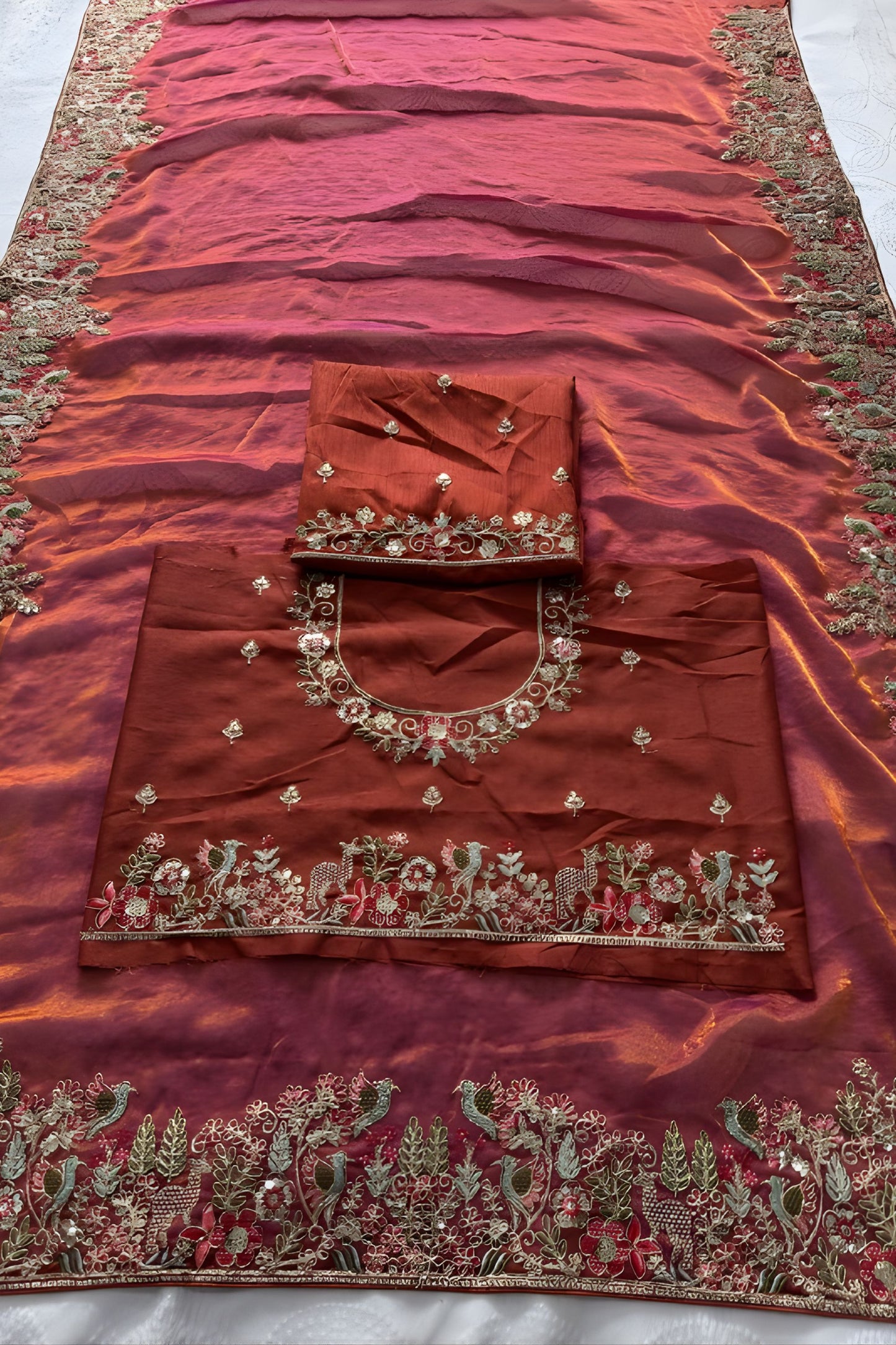 Premium Rust Brown Fendy Satin Silk Floral Embroidery Work Saree