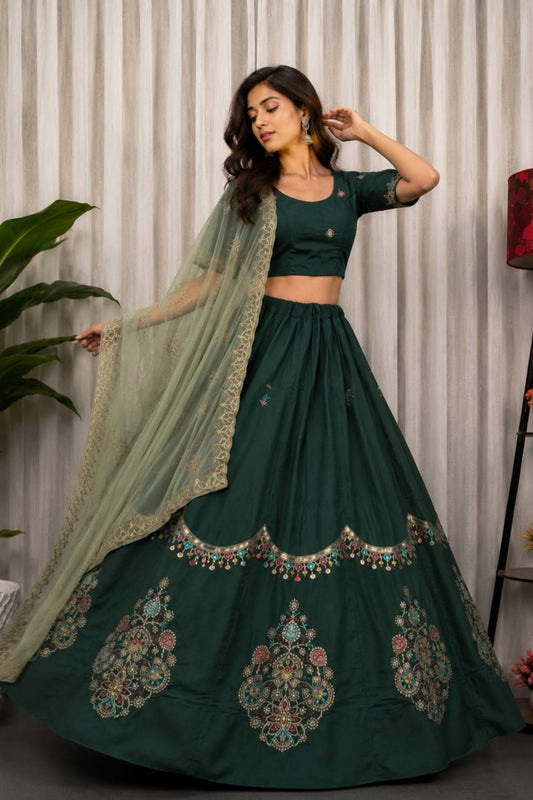 Charming Rama Green Designer Lehenga Choli with Embroidery Work and Green Dupatta for Women