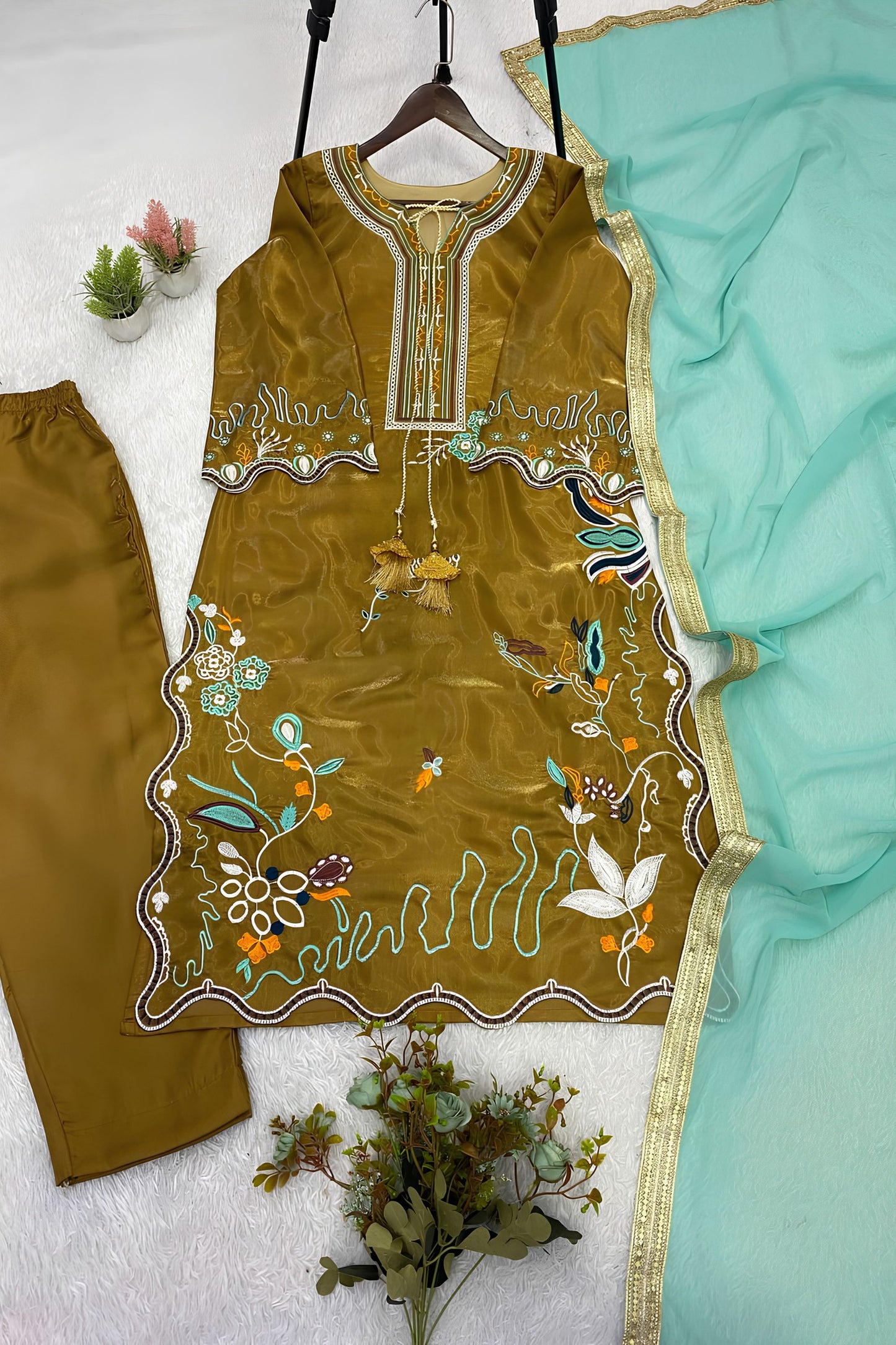 Elegant Brown Glass Roman Silk Embroidery Work Kurta Pant Set for Women