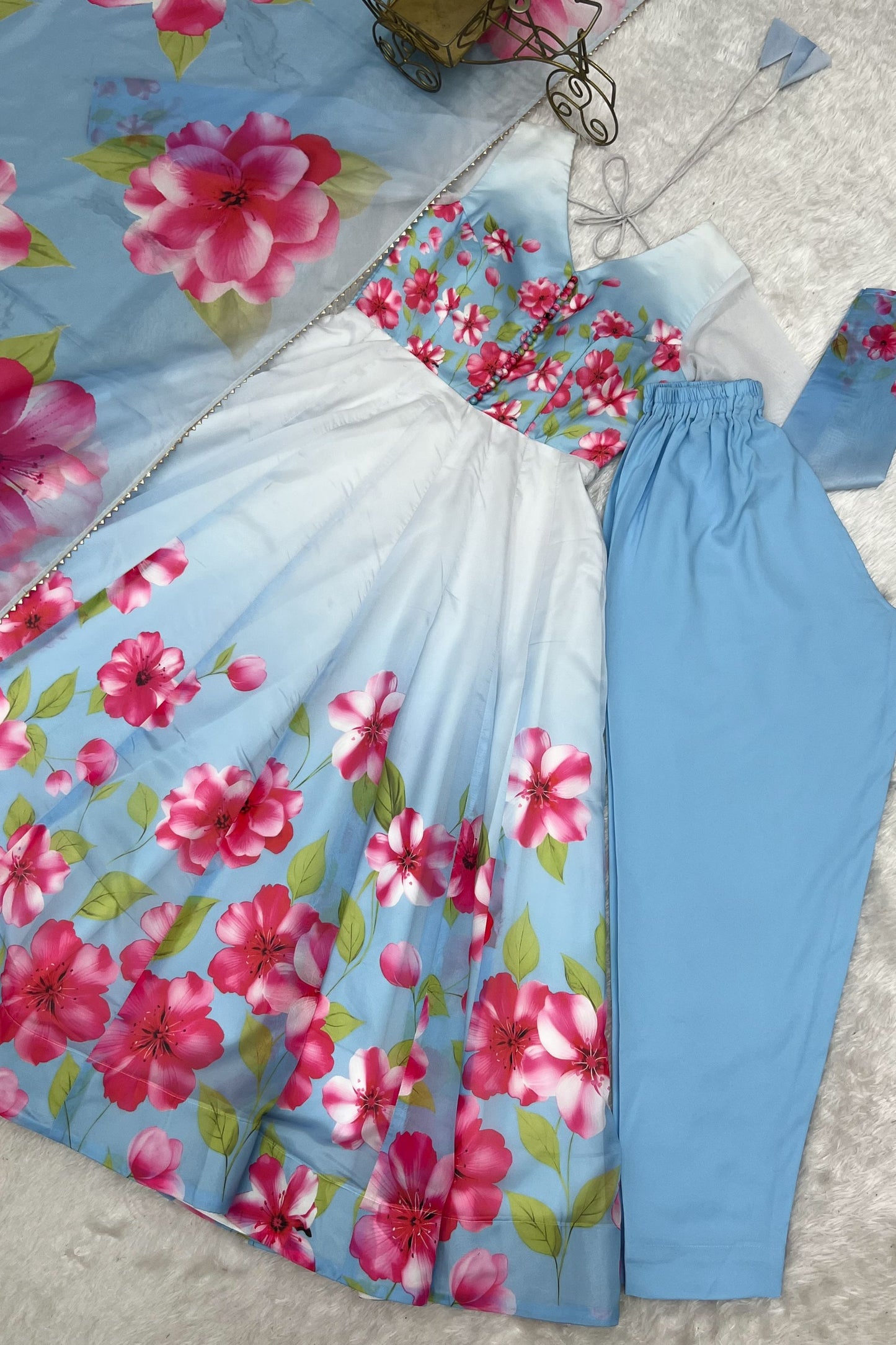 Stunning Ice Blue Micro Cotton Printed Anarkali Suit Set Matching Dupatta for Women