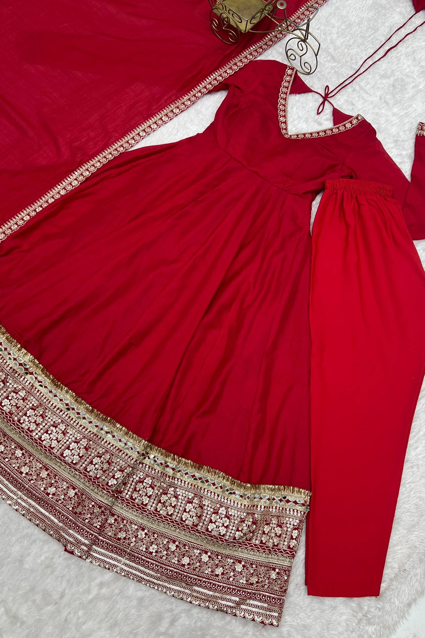 Stylish Red Pure Micro Crape Anarkali Embroidered Border Work Salwar Suit