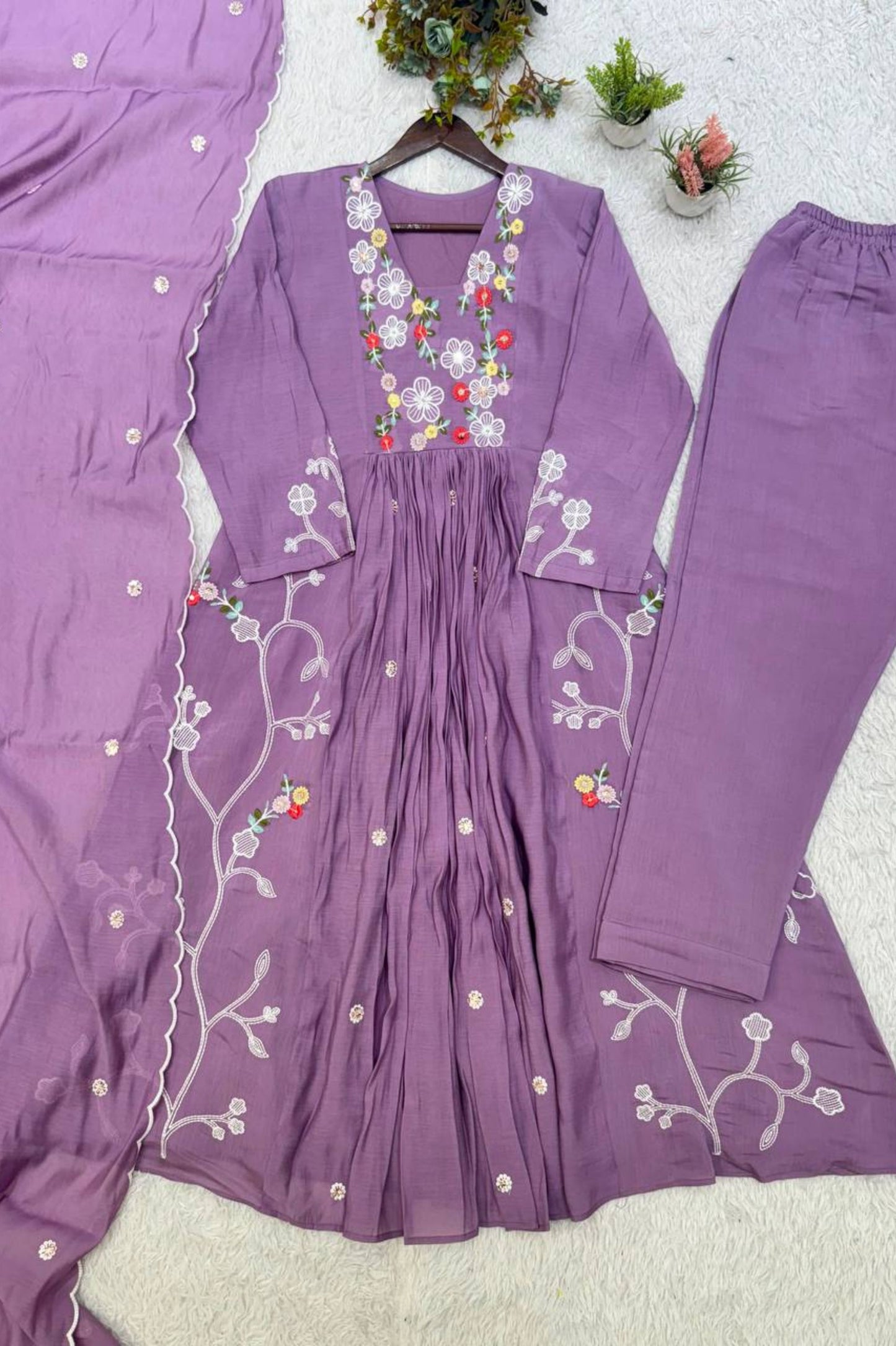 Elegant Lavender Chanderi Silk Anarkali Salwar Suit Set Sequin Embroidery Work