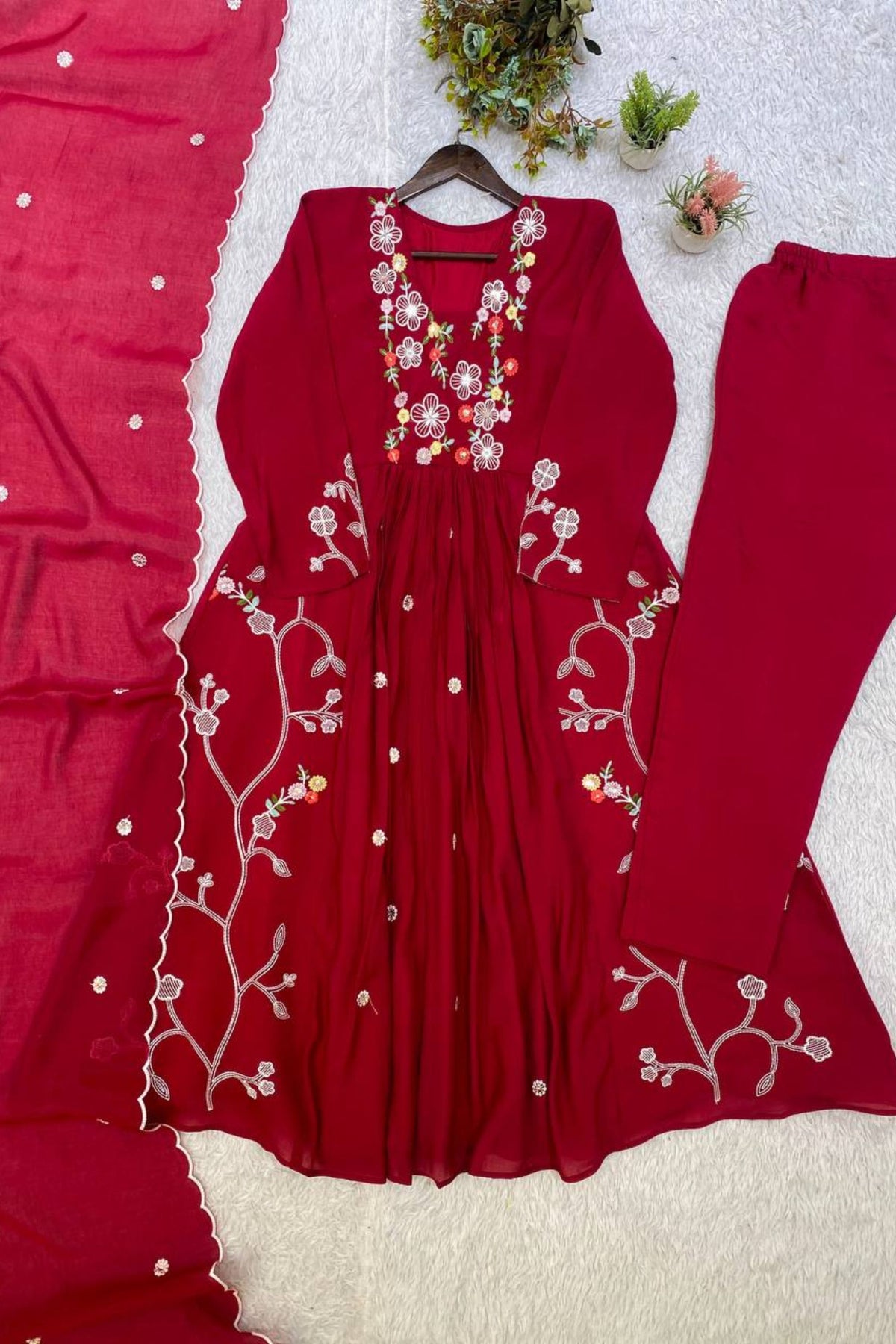Stunning Wine Chanderi Silk Anarkali Salwar Suit Set Sequin Embroidery Work