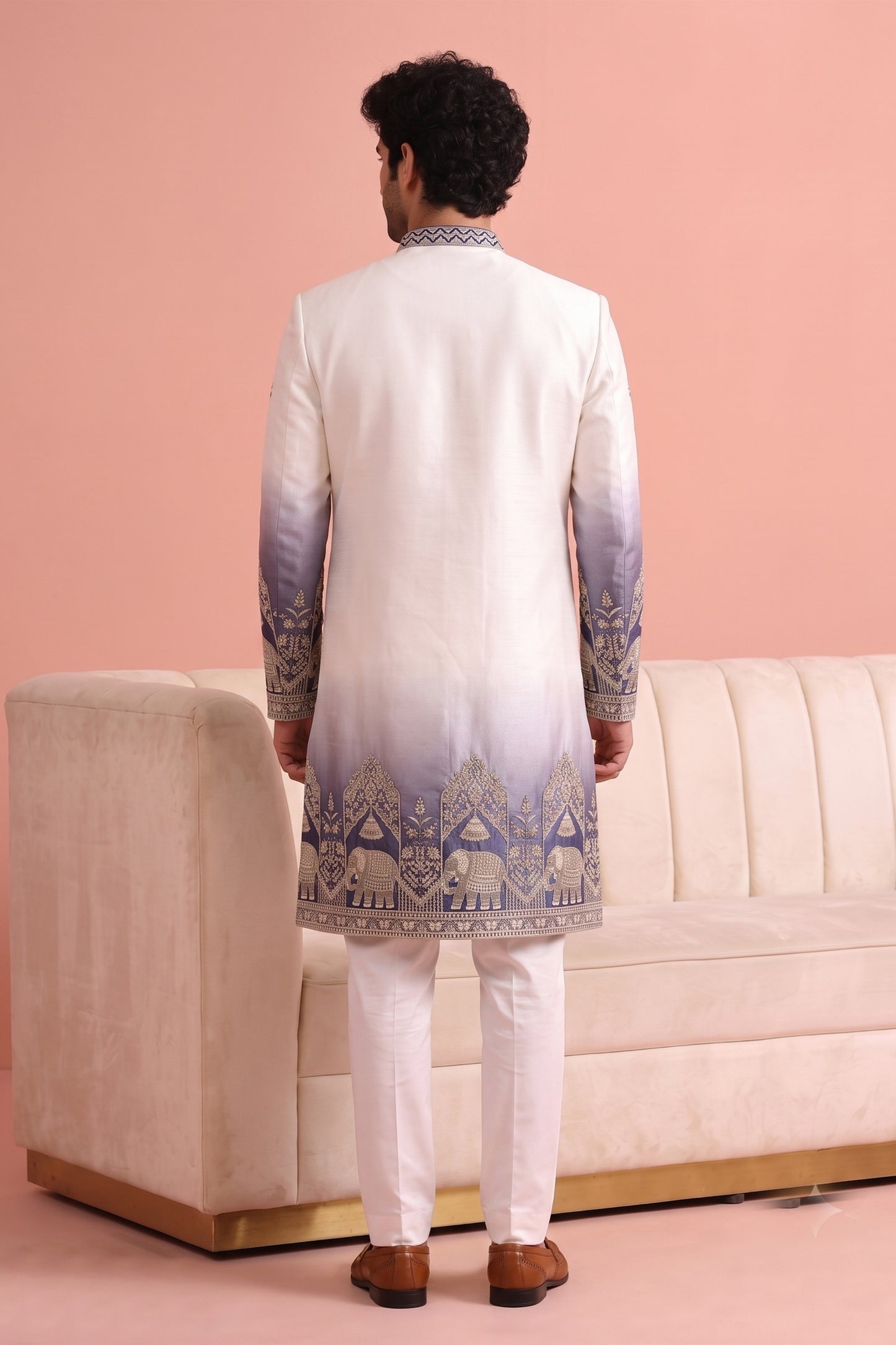 Stylish White and Blue Embroidered Designer Indo Western Suit for Men with Elephant Motif Work