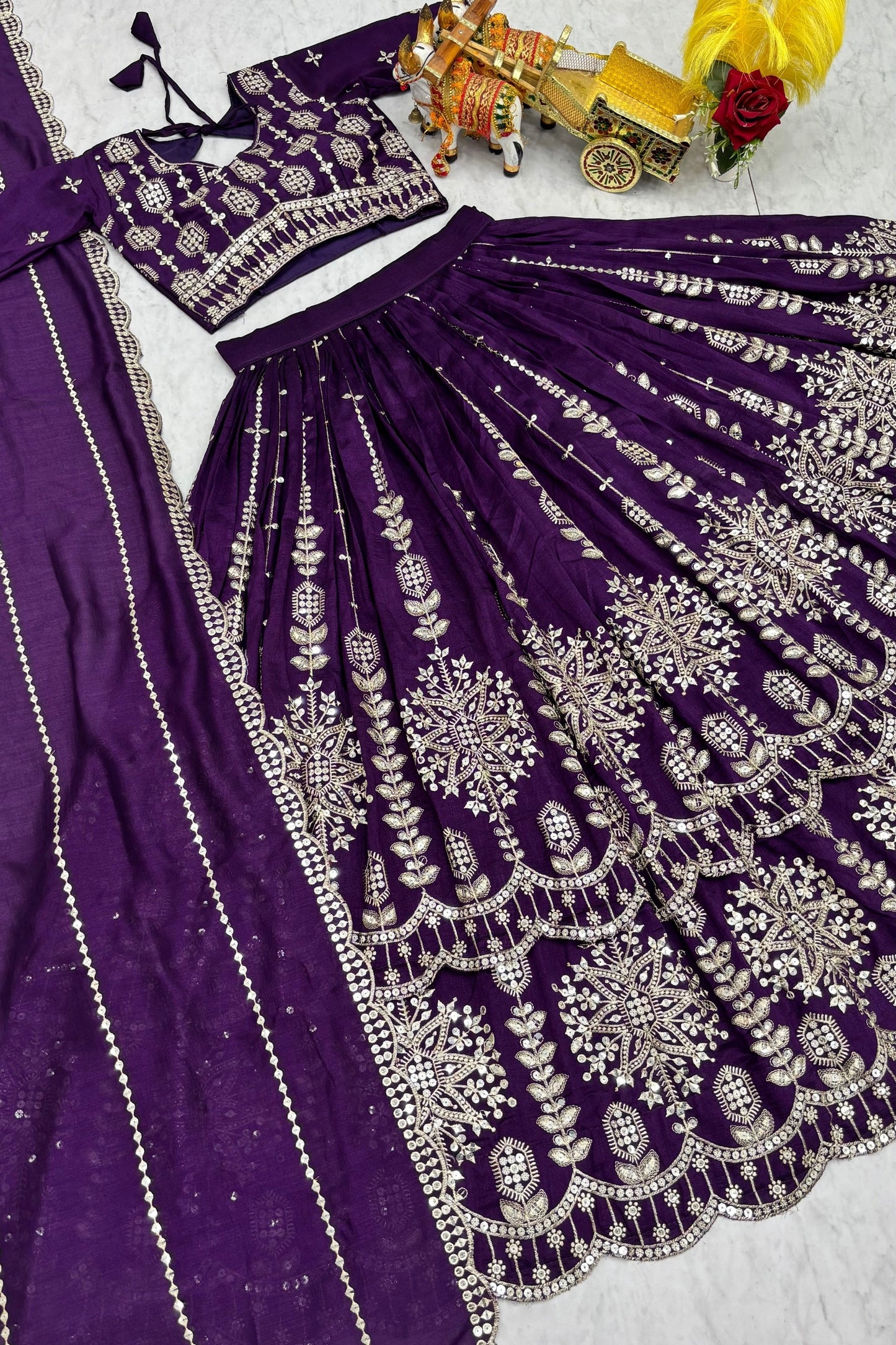 Stylish Purple Vichitra Silk Embroidered Designer Lehenga Choli Set with Dupatta for Wedding
