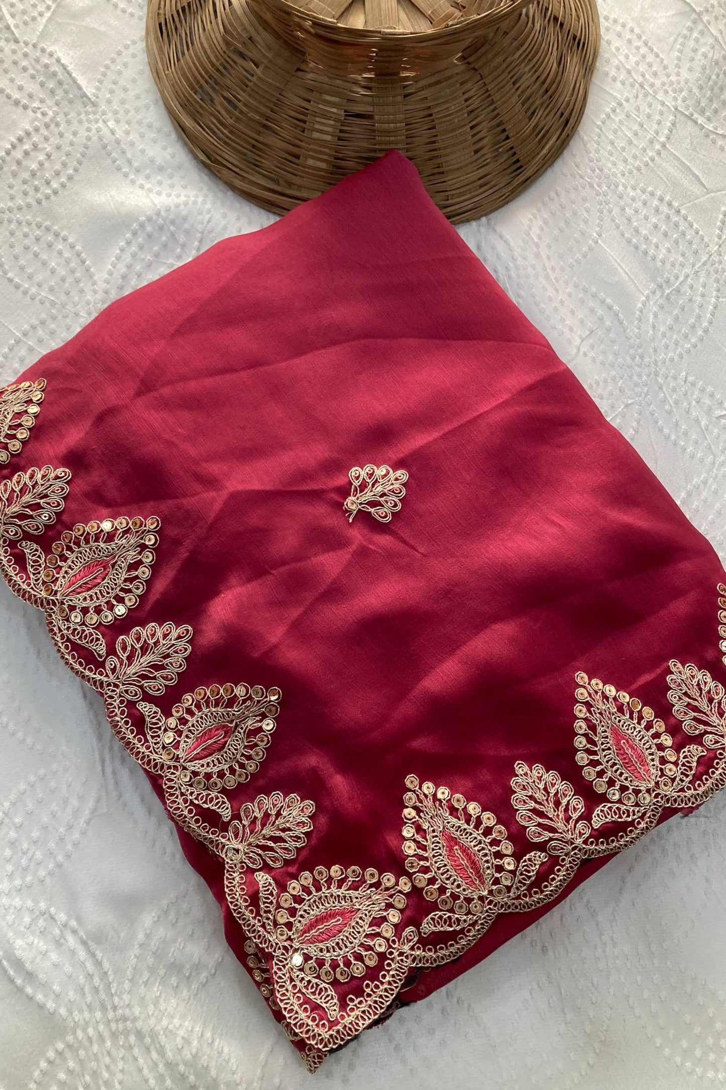 Beautiful Wine Soft Satin Chiffon Saree Embroidery Border for Women