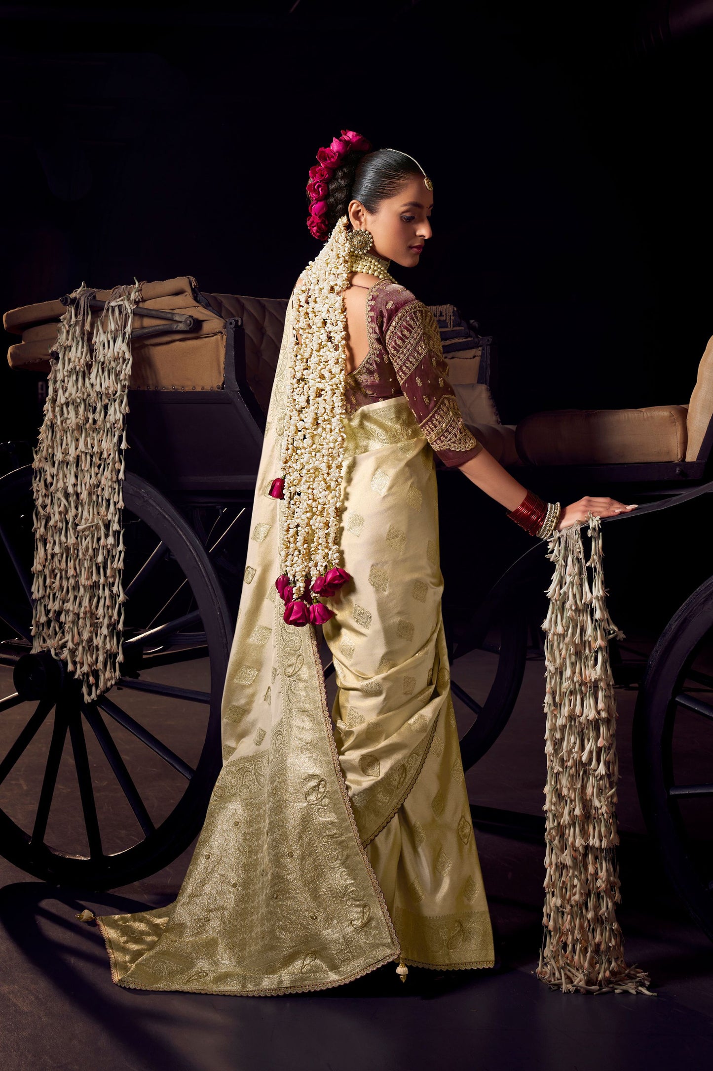 Elegant Cream Pure Viscose Embroidered Work Designer Saree for Women