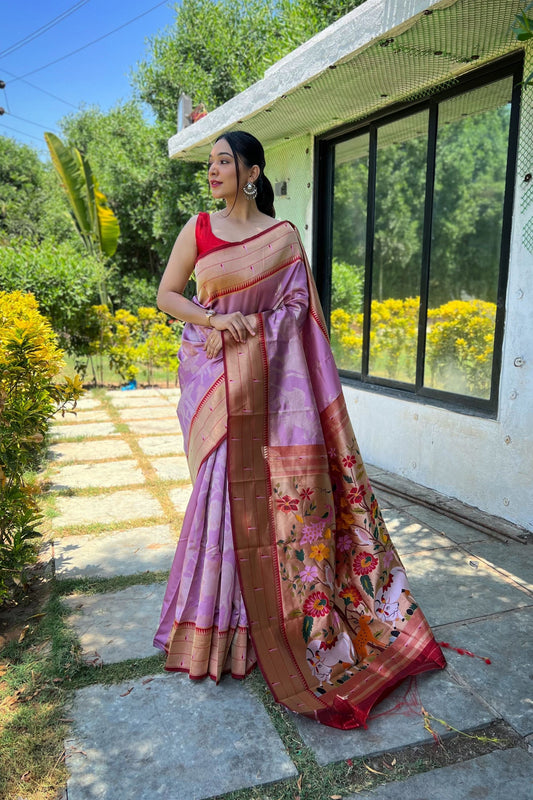 Stylish Lavender Pure Soft Paithani Silk Saree Zari Work for Women