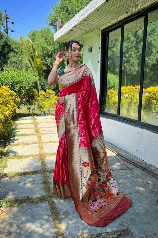 Beautiful Rani Pink Pure Soft Paithani Silk Saree Zari Work for Women