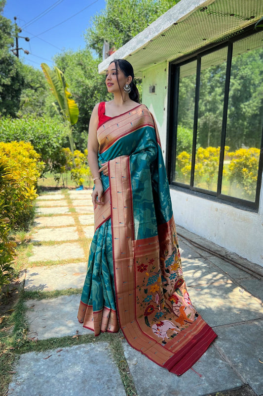Royal Teal Blue Pure Soft Paithani Silk Saree Zari Work for Women