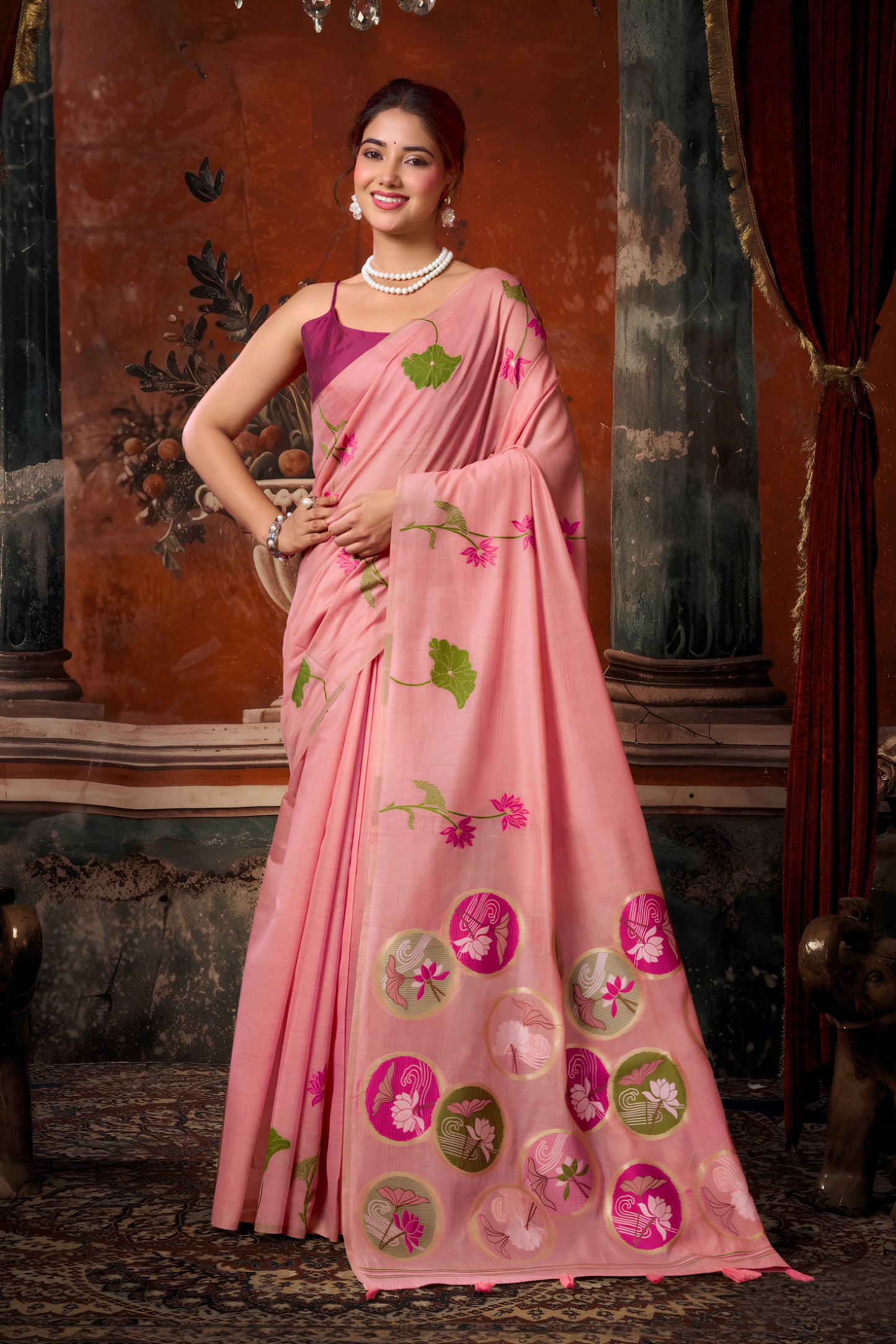 Beautiful Pink Khadi Cotton Printed Work Saree
