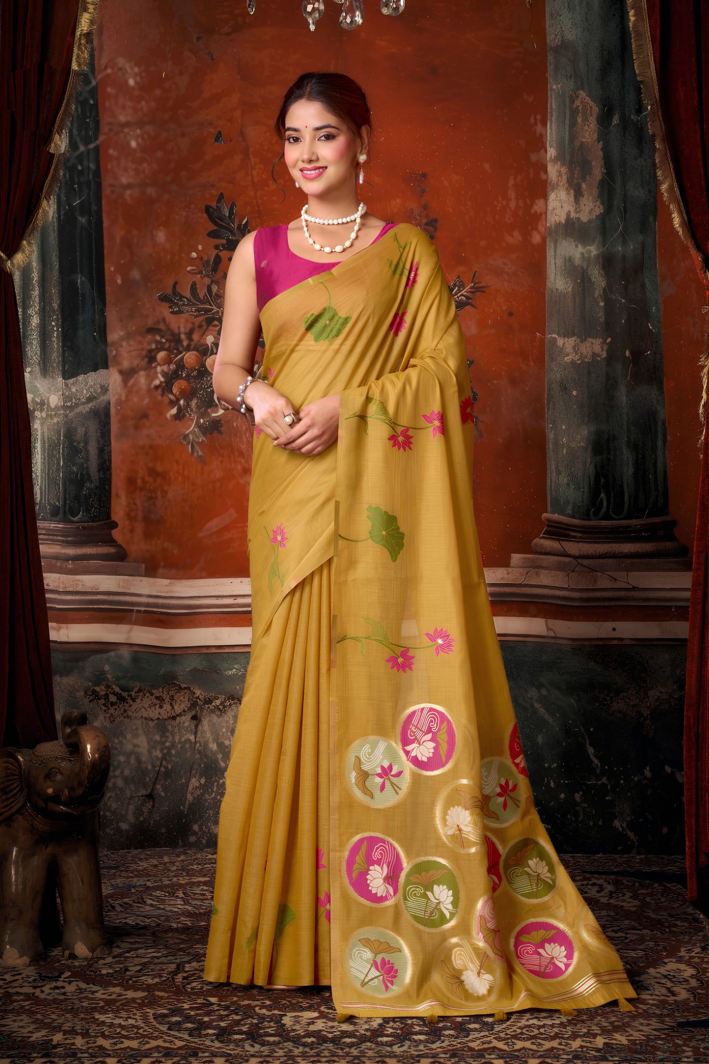 Stylish Mustard Yellow Khadi Cotton Printed Work Saree