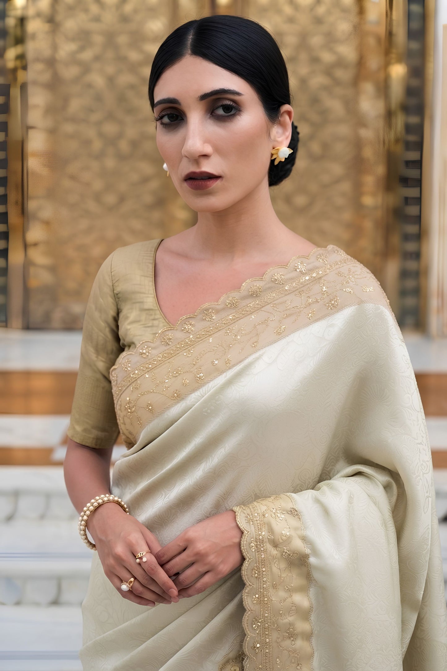 Elegant Cream Pure Kanjivaram Silk Embroidery Work Cutwork Designer Saree