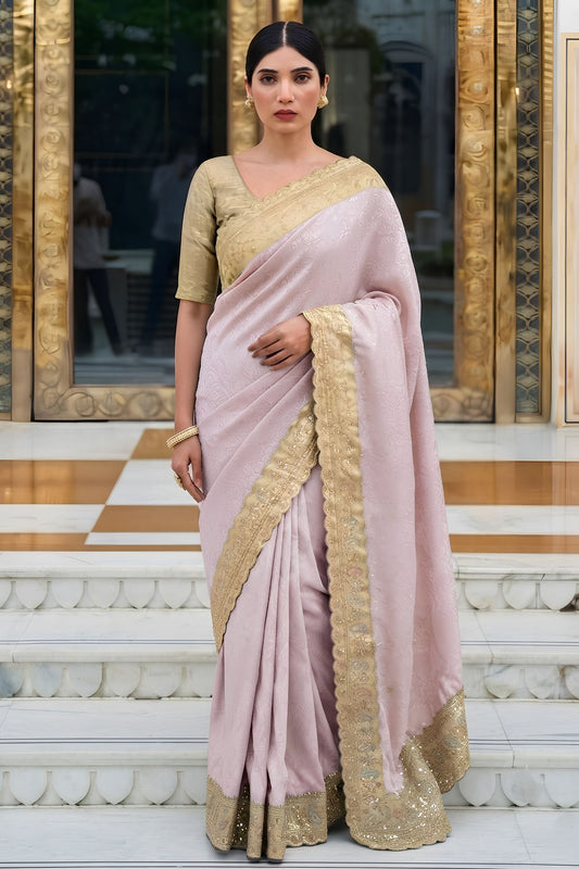 Beautiful Pink Pure Kanjivaram Silk Embroidery Work Cutwork Designer Saree