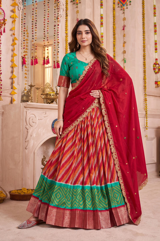 Admirable Red and Green Tasar Silk Designer Lehenga Choli with Printed Skirt and Dupatta