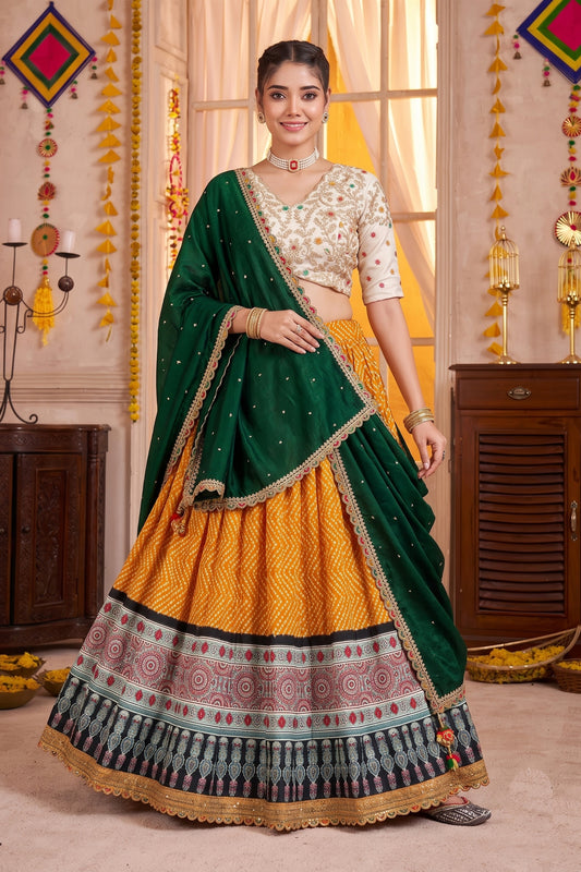 Charming Mustard Yellow Rayon Printed Designer Lehenga Choli with Dark Green Dupatta