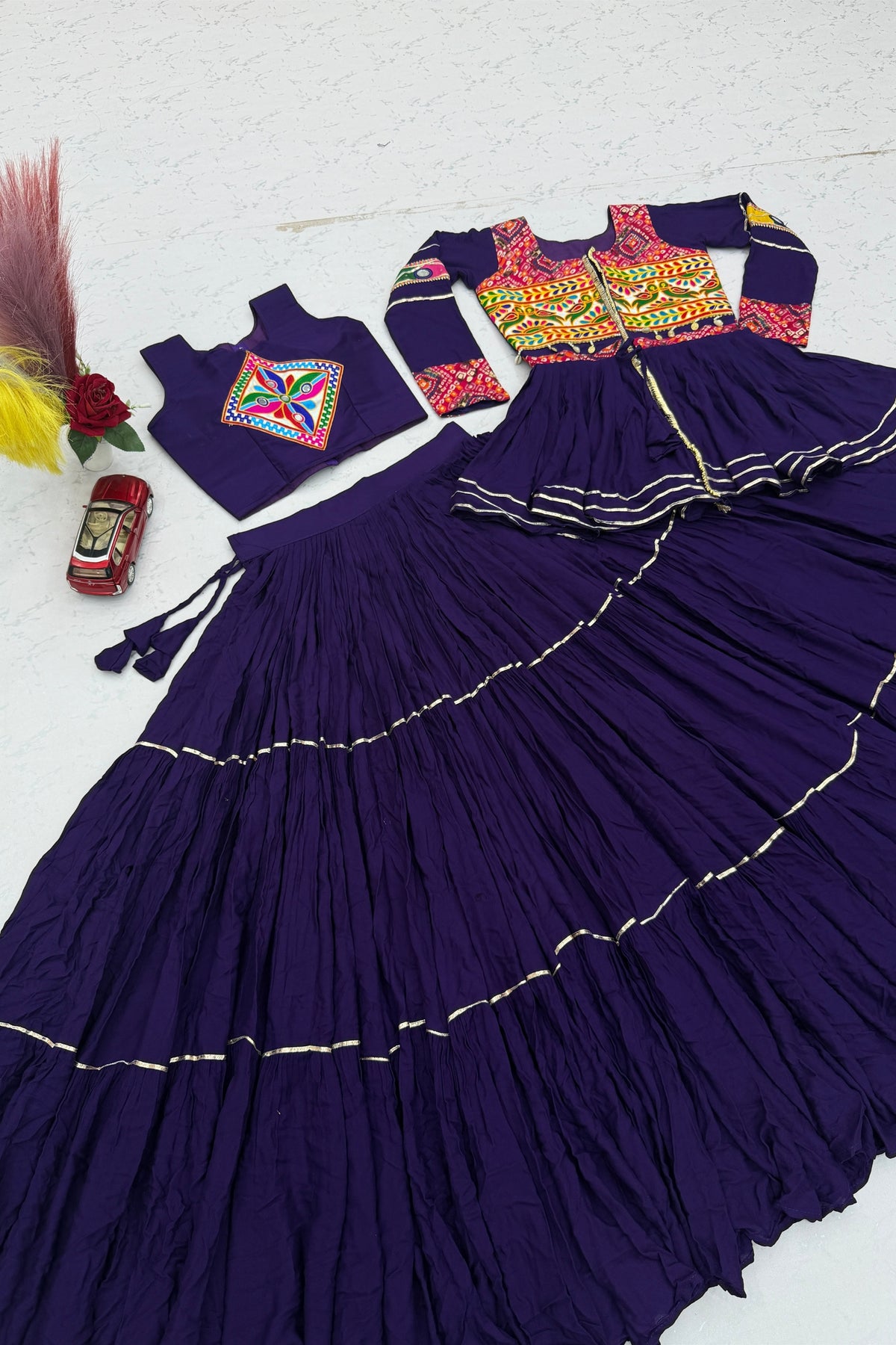 Charming Purple Cotton Gamthi Work Indo-Western Navratri Lehenga Choli with Koti for Women