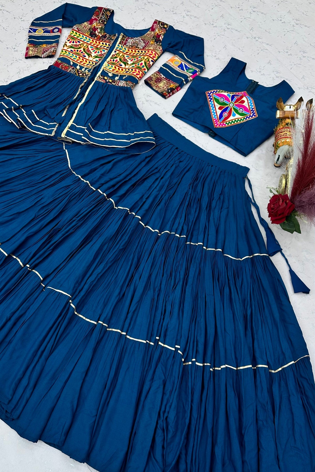 Admirable Teal Blue Cotton Gamthi Work Indo-Western Navratri Lehenga Choli with Koti for Women