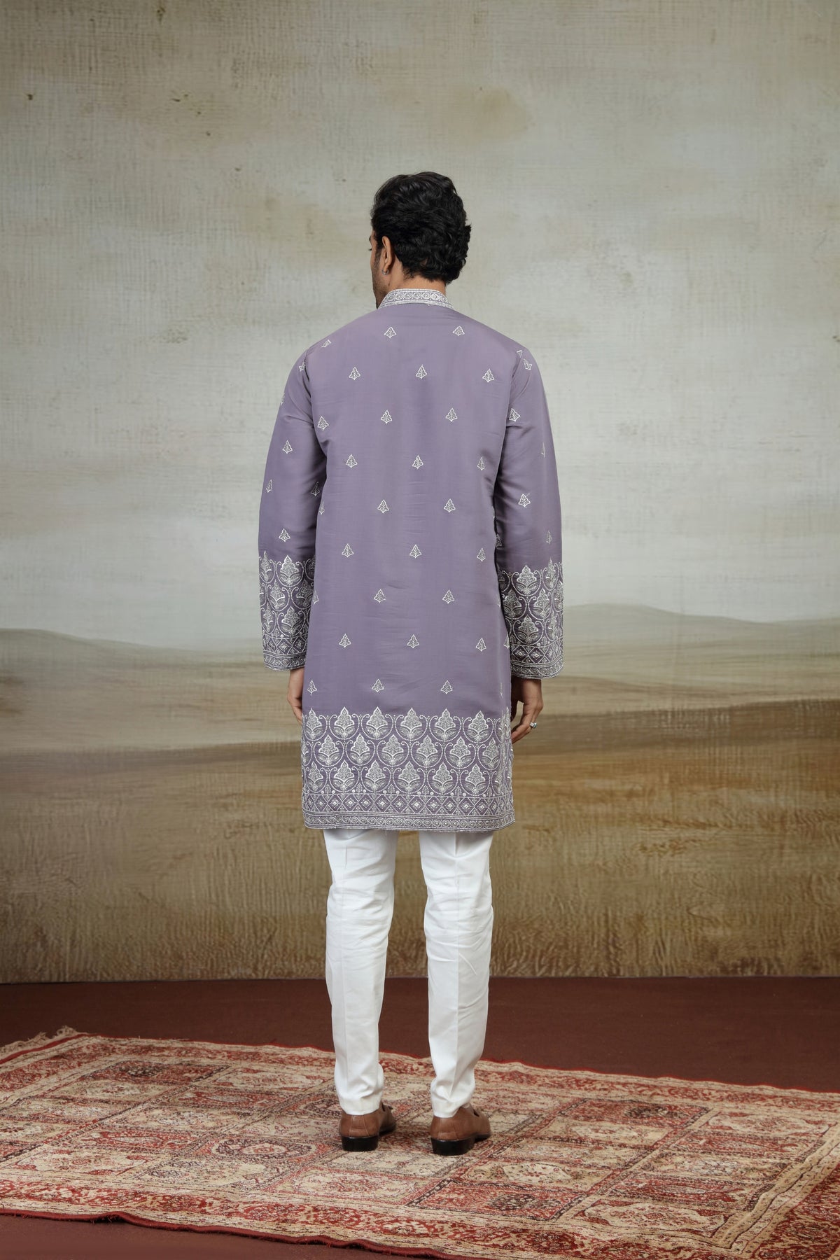 Beautiful Lavender Art Silk Embroidered Kurta Pajama Set for Men