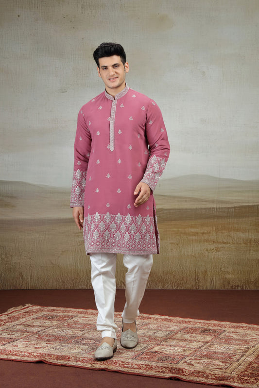 Lovely Rose Pink Art Silk Embroidered Kurta Pajama Set for Men