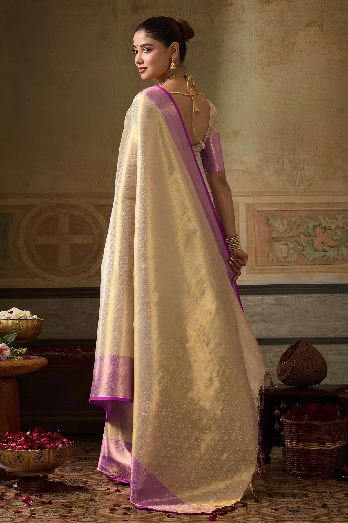Elegant Cream Kanchivaram Silk Jacquard Work Saree for Women