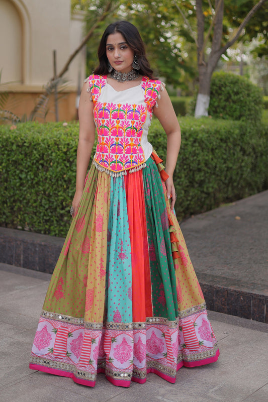 Wonderful Multicolor Cotton Embroidered Indo Western Designer Lehenga Choli for Women
