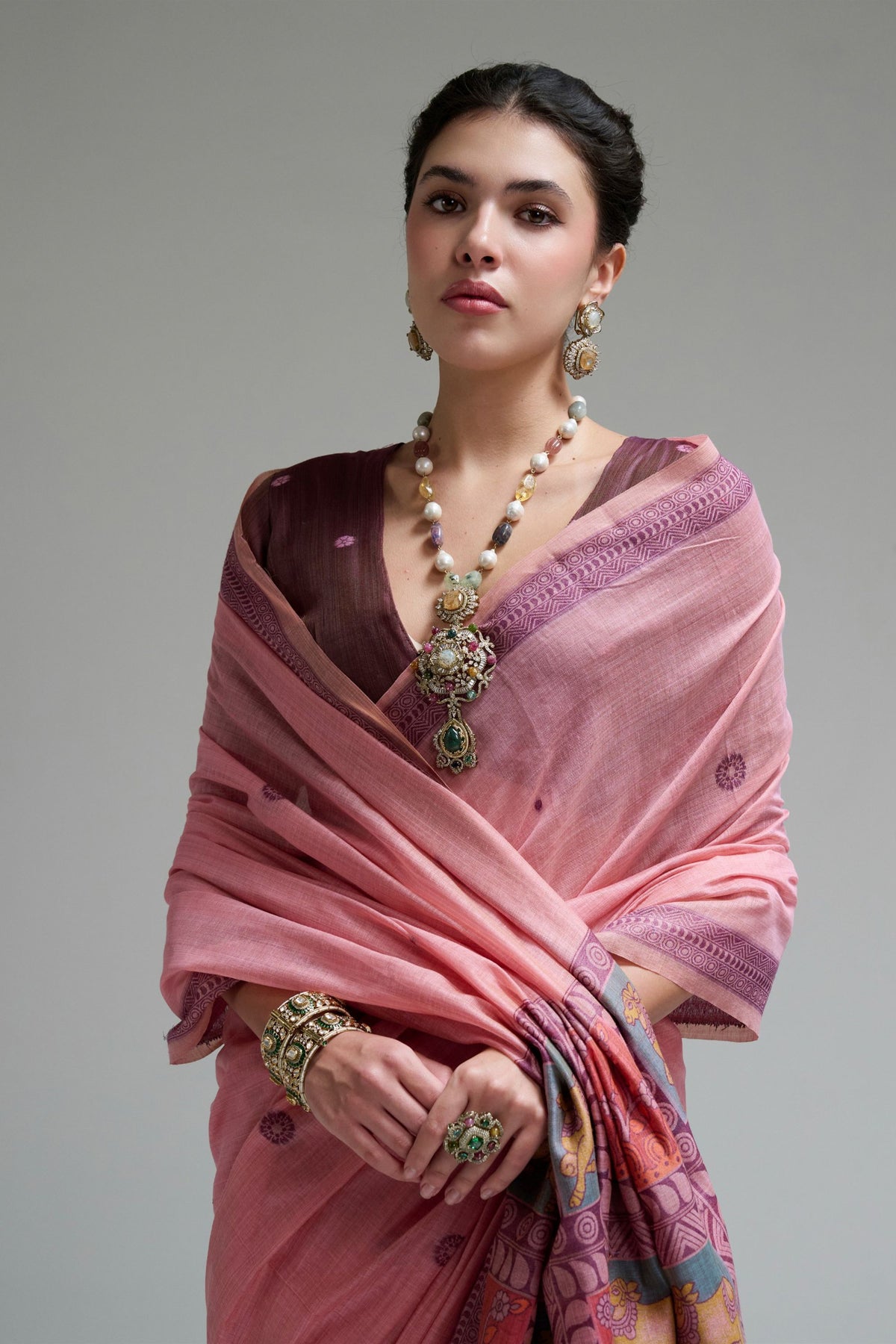 Beautiful Pink Jamdani Cotton Saree with Printed Work for Women