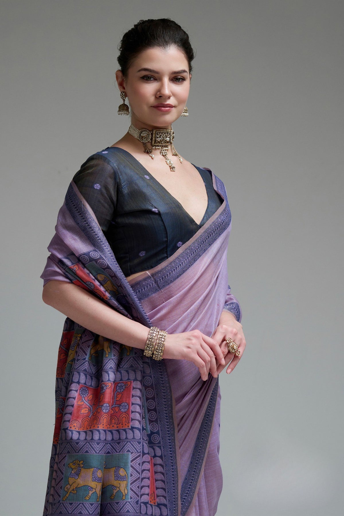 Stylish Lavender Soft Jamdani Cotton Saree Printed Work for Women