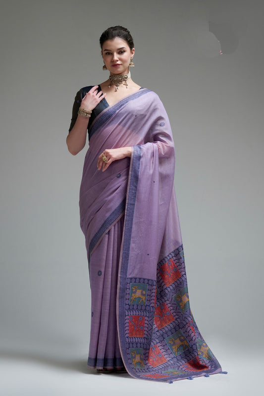 Stylish Lavender Soft Jamdani Cotton Saree Printed Work for Women