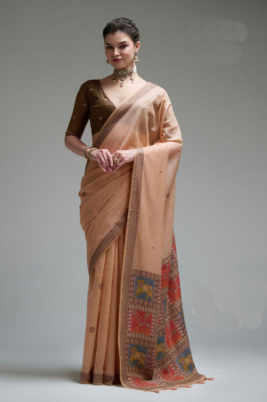 Stylish Peach Jamdani Cotton Saree Printed Work for Women