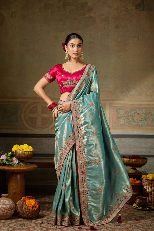 Royal Teal Blue Banarasi Silk Jacquard Embroidery Zari Threads Saree for Women