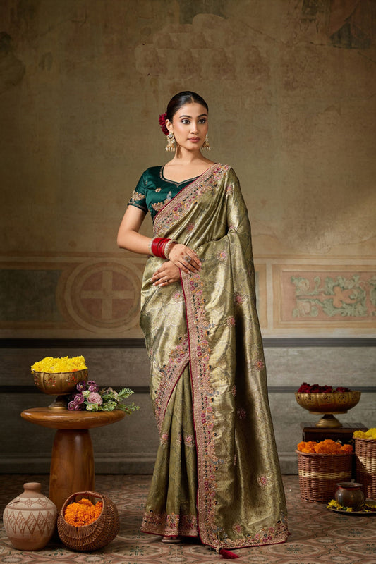 Graceful Mehendi Green Banarasi Silk Jacquard Embroidery Zari Threads Saree for Women