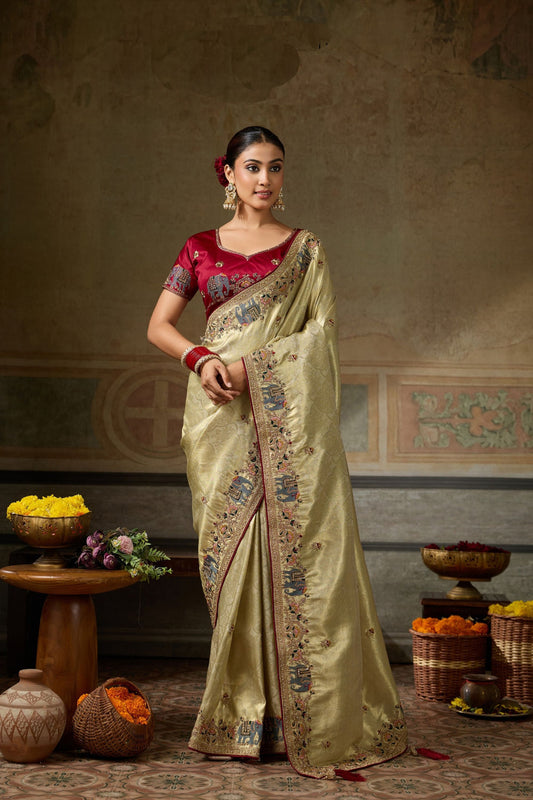 Lovely Beige Banarasi Silk Jacquard Embroidery Zari Threads Saree for Women