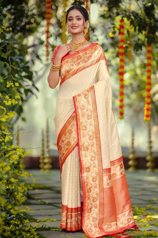 Stylish Cream Silk Jacquard Work Saree for Women