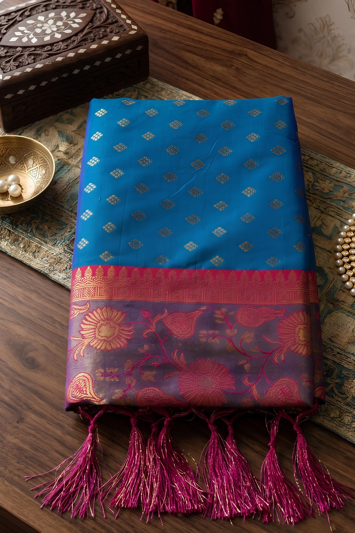 Royal Teal Blue Silk Jacquard Work Saree for Women