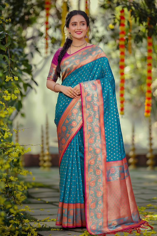 Royal Teal Blue Silk Jacquard Work Saree for Women