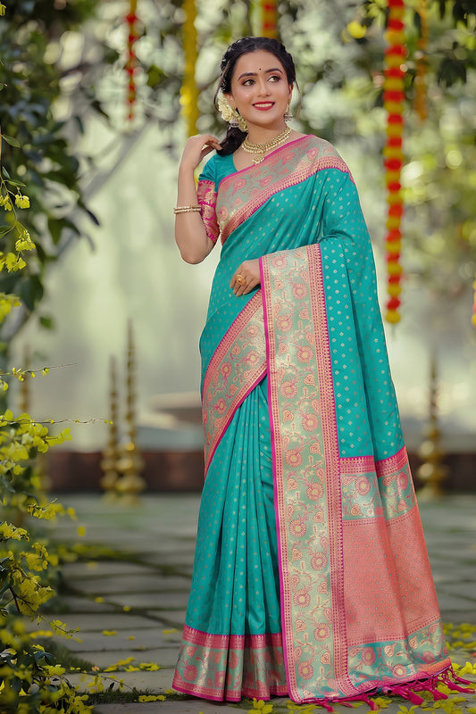 Wonderful Turquoise Blue Silk Jacquard Work Saree for Women