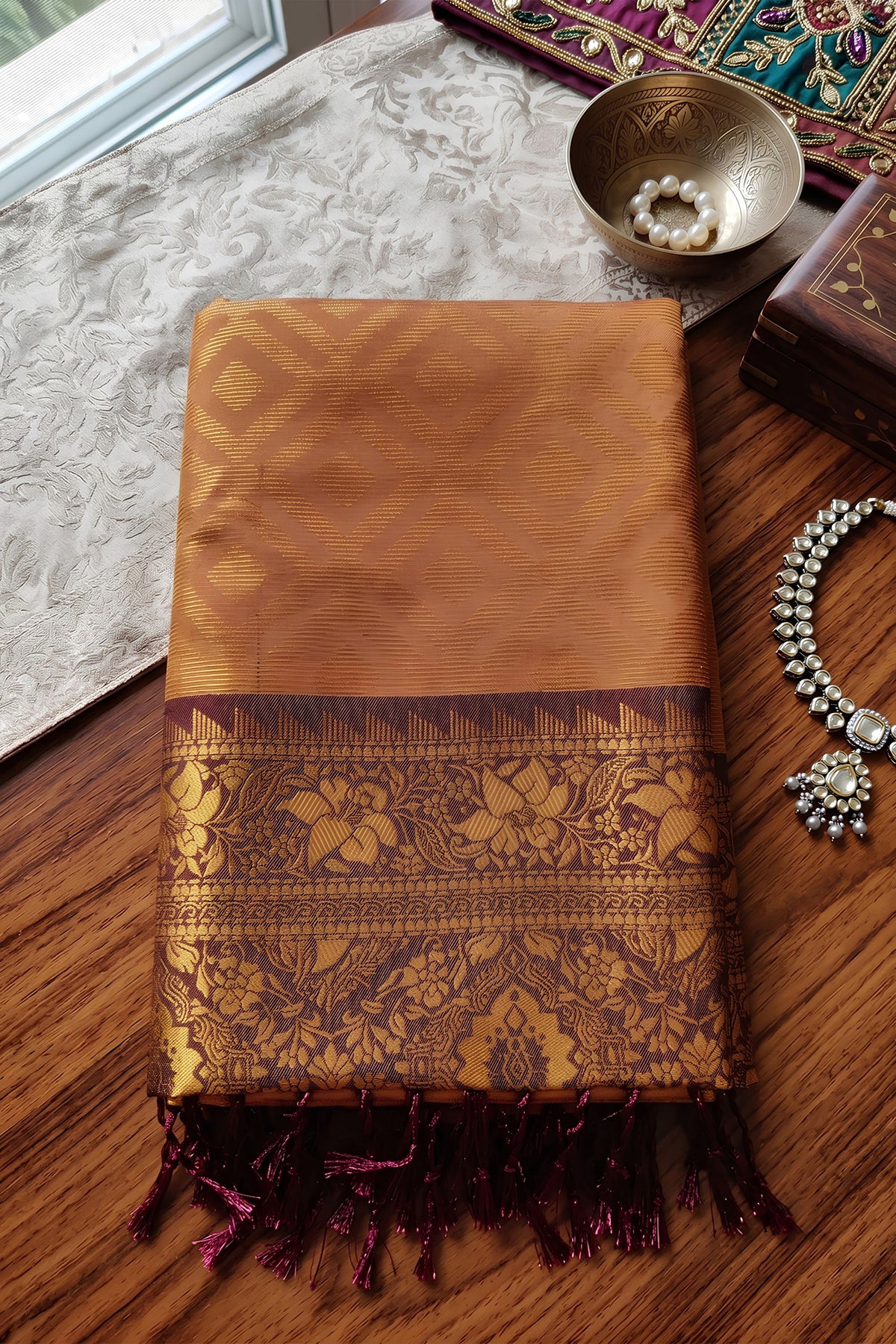 Premium Brown Silk Jacquard Zari Woven Saree for Women