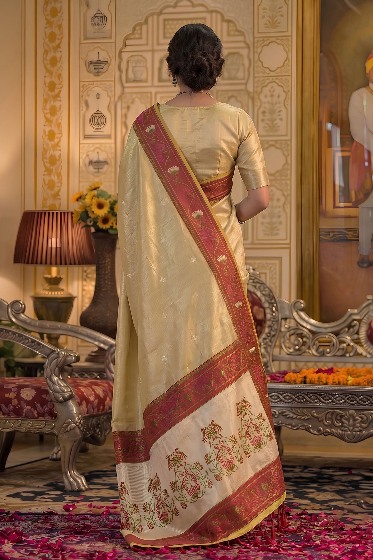 Stylish Cream Tissue Silk Weaving Work Saree for Women