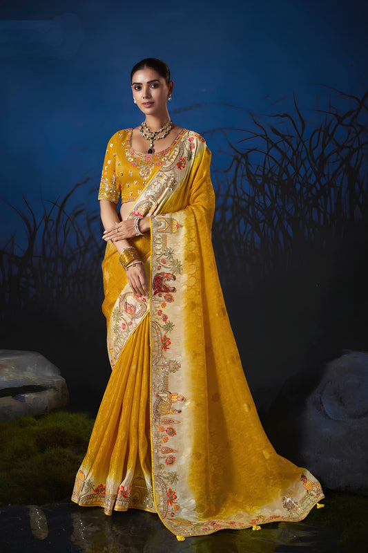 Elegant Mustard Yellow Soft Silk Zari Weaving Saree Embroidery Khatli Work for Women