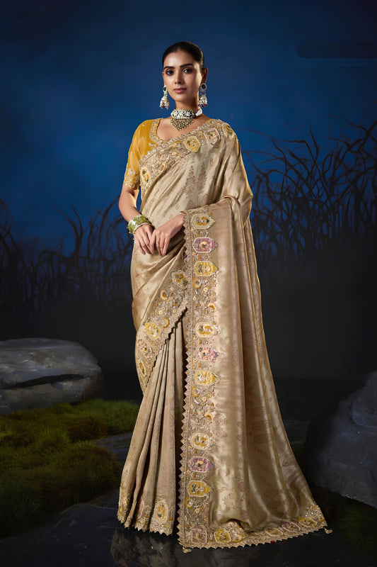 Attractive Beige Soft Silk Zari Weaving Saree Embroidery Khatli Work for Women