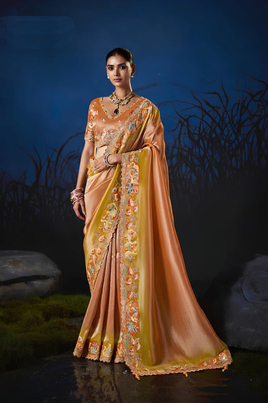 Lovely Peach Soft Silk Zari Weaving Saree Embroidery Khatli Work for Women