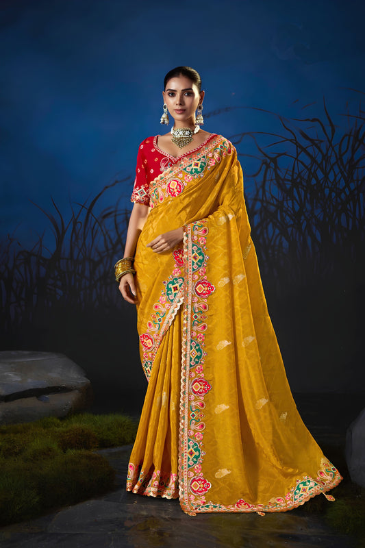 Stunning Yellow Soft Silk Zari Weaving Saree Embroidery Khatli Work for Women